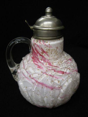 Appraisal: Victorian Art Glass Syrup Pitcher cased opal raised design glass