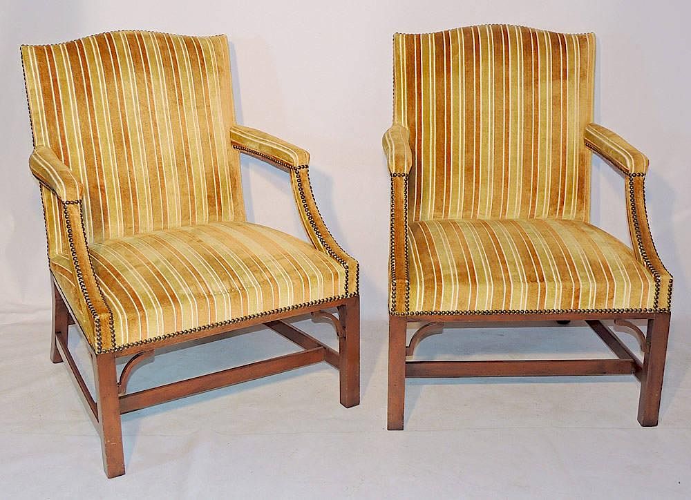 Appraisal: Pair of Kittinger Upholstered Open Arm Chairs Mahogany frames tall