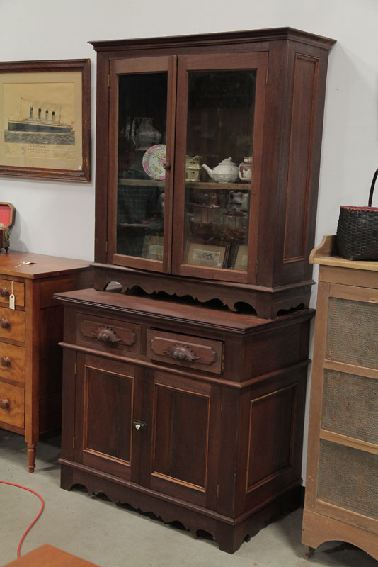 Appraisal: TWO PIECE WALL CUPBOARD Walnut cupboard with two large glazed