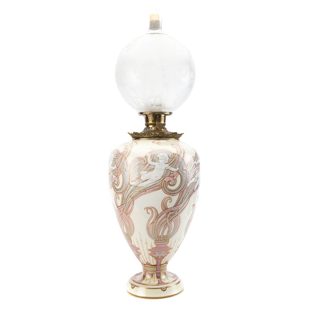 Appraisal: Sevres Art Nouveau pate-sur-pate oil lamp cream ground with pate-sur-pate