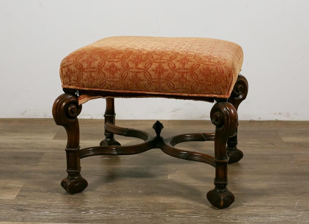 Appraisal: WILLIAM AND MARY UPHOLSTERED FOOTSTOOLWilliam and Mary upholstered footstool Potentially