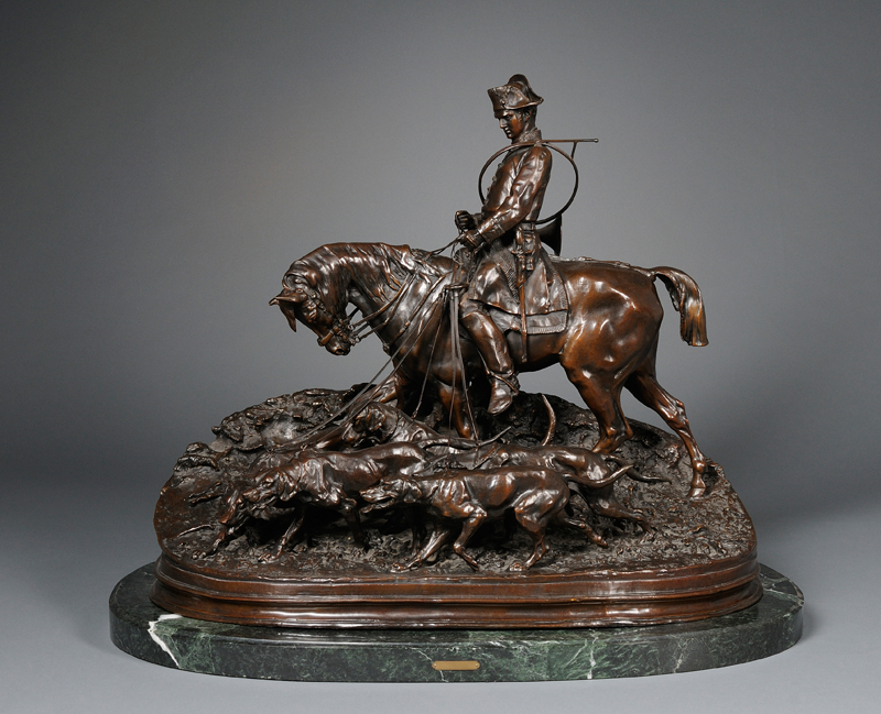 Appraisal: After Pierre Jules Mene Bronze Figural Group Depicting Huntsman with