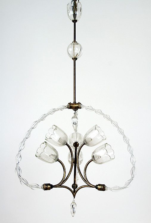 Appraisal: BRONZE AND GLASS SIX ARM ITALIAN CHANDELIER A sleek bronze