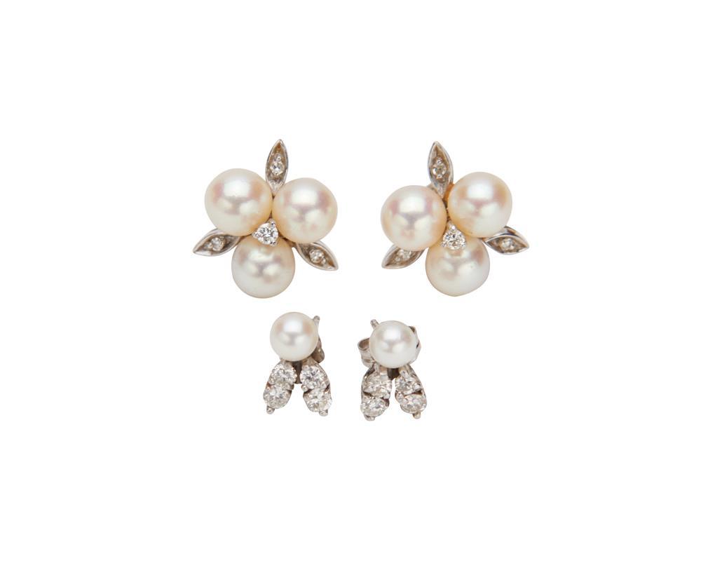 Appraisal: Two Pairs of Gold Pearl and Diamond Stud Earrings one