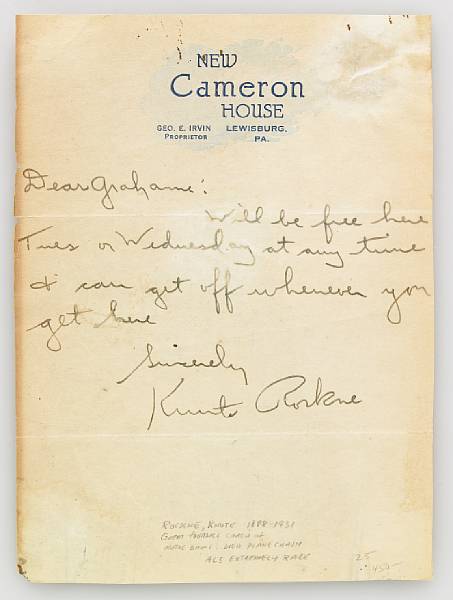 Appraisal: ROCKNE KNUTE - Autograph Letter Signed Knute Rockne p vo