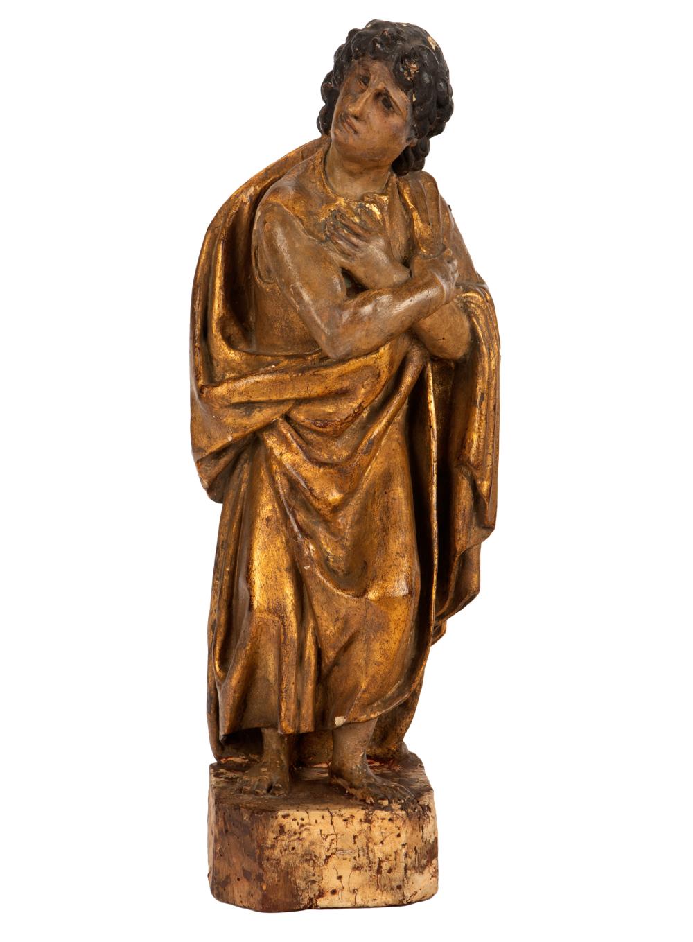 Appraisal: GILT PAINTED CARVED WOOD SANTO FIGURECondition damage to hair cracks