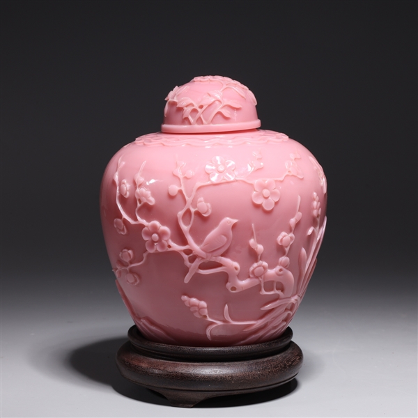 Appraisal: Chinese carved pink Beijing glass covered vase with birds and