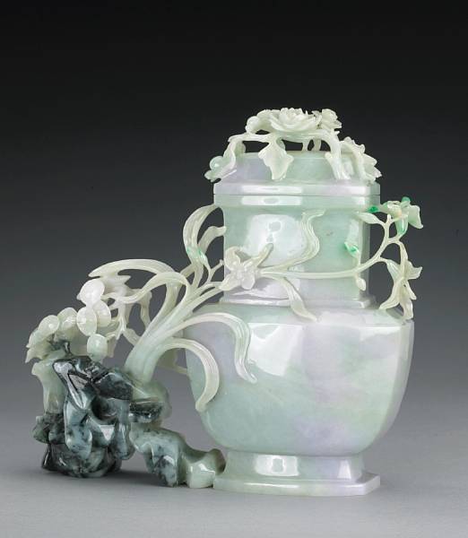 Appraisal: A variegated green jadeite vase and cover th Century The