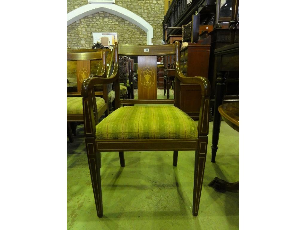 Appraisal: A set of reproduction mahogany open elbow chairs with inlaid