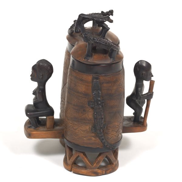 Appraisal: AFRICAN TAMBOTIE WOOD CEREMONIAL CARVED DUO JAR WITH COVER AND