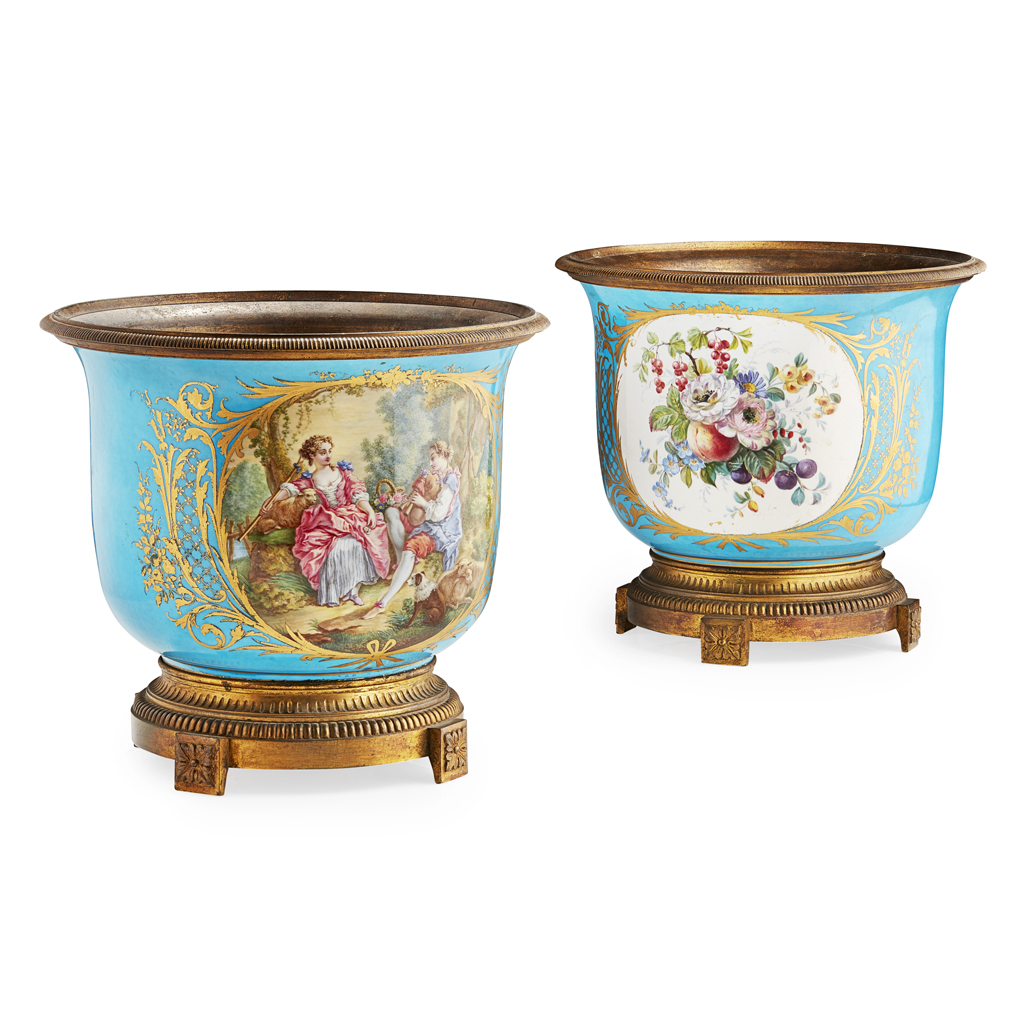 Appraisal: PAIR OF GILT METAL MOUNTED SEVRES CACHE POTS TH CENTURY