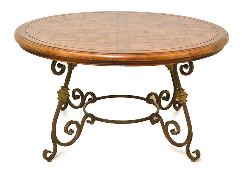 Appraisal: A FRENCH PROVINCIAL STYLE WROUGHT IRON BASED PARQUETRY TOP CENTRE