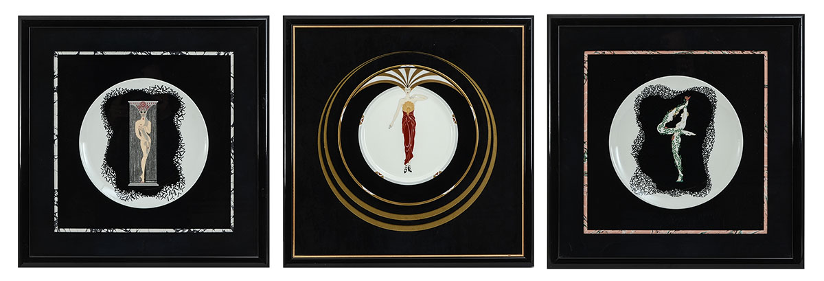 Appraisal: THREE FRAMED ERTE COLLECTOR PLATES IV '' d encased in