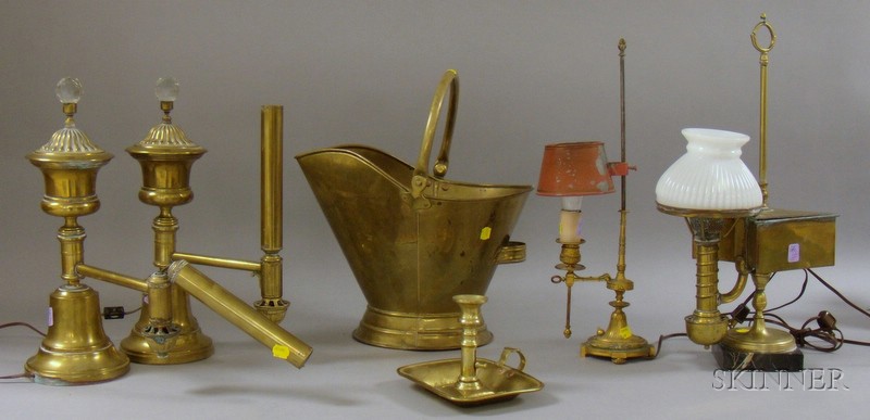 Appraisal: Group of Brass Lighting and Accessories a coal bucket gilt-brass