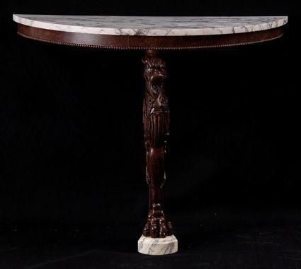 Appraisal: PAIR OF EMPIRE PAINTED PORPHYRY DEMILUNE CONSOLES Each violet-veined white