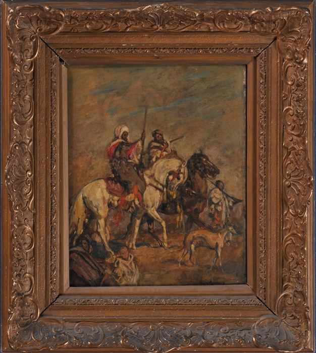 Appraisal: FRENCH SCHOOL ARAB HORSEMEN Oil on canvas x in bearing