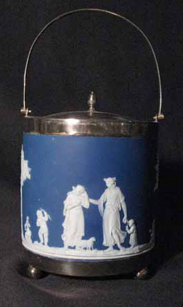 Appraisal: Wedgwood dark blue circular jasperware biscuit barrel H in PROVENANCE