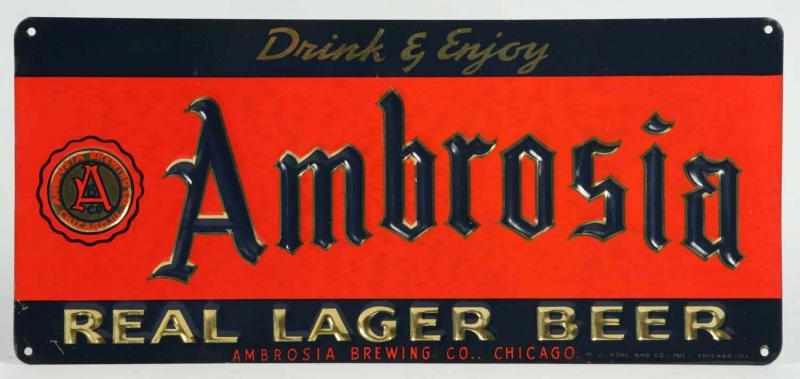 Appraisal: Ambrosia Beer Tin Embossed Sign Clean overall example with several