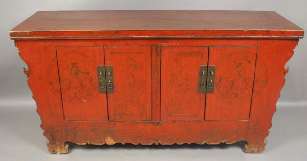 Appraisal: - th C Chinese Red Lacquered -Door Cabinet th Century