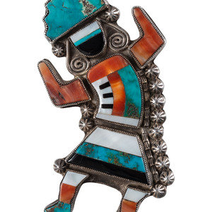 Appraisal: Zuni Silver and Mosaic Inlay Rainbow Man Pin Brooch mid-