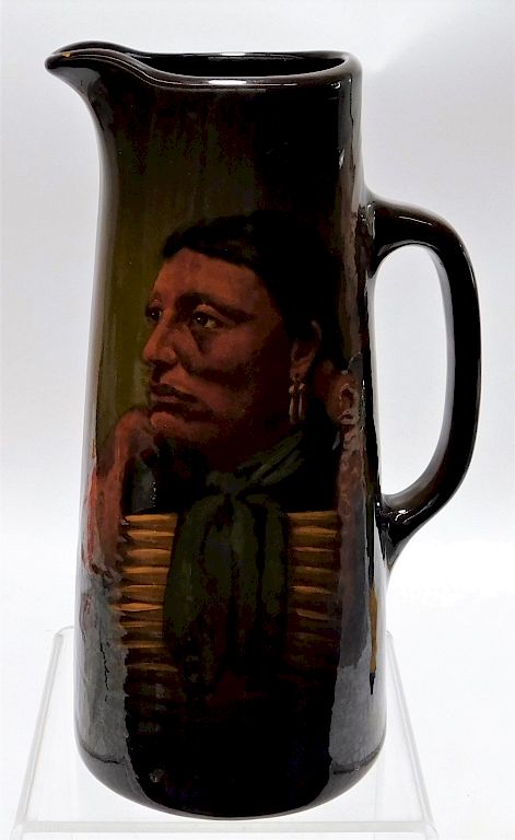 Appraisal: Weller Louwelsa Native American Portrait Pitcher Ohio Circa Standard glaze