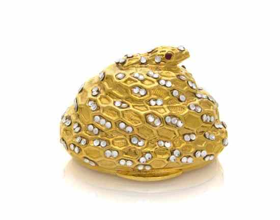 Appraisal: A Judith Leiber Goldtone and Silver Crystal Coiled Snake Pillbox