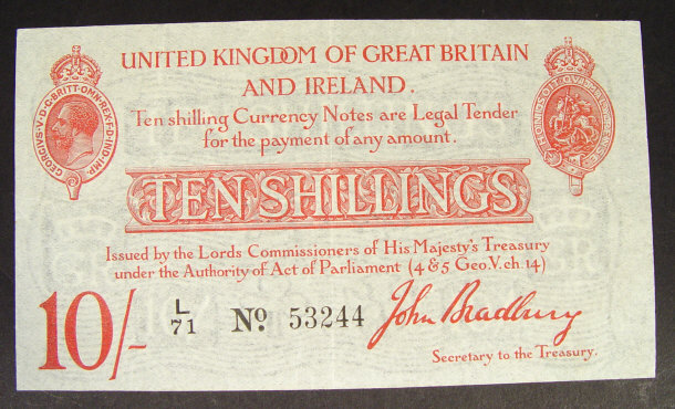 Appraisal: United Kingdom and Ireland ten shilling note signed John Bradbury