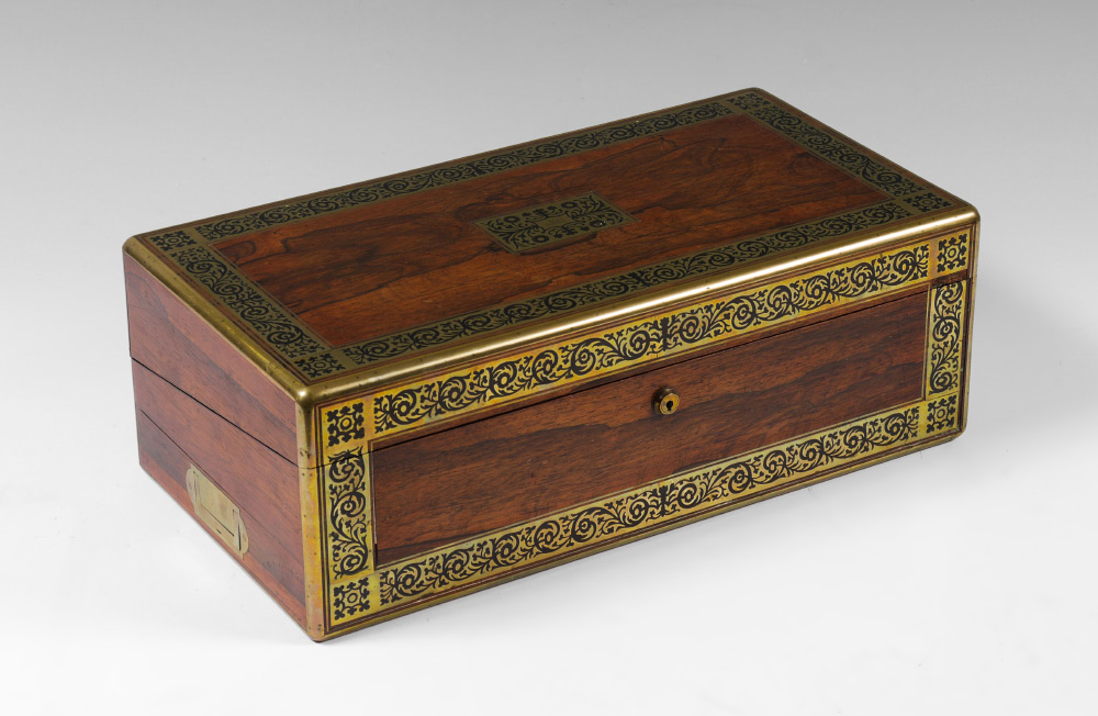 Appraisal: ENGLISH BRASS INLAID LAP DESK Mahogany box with pierced brass