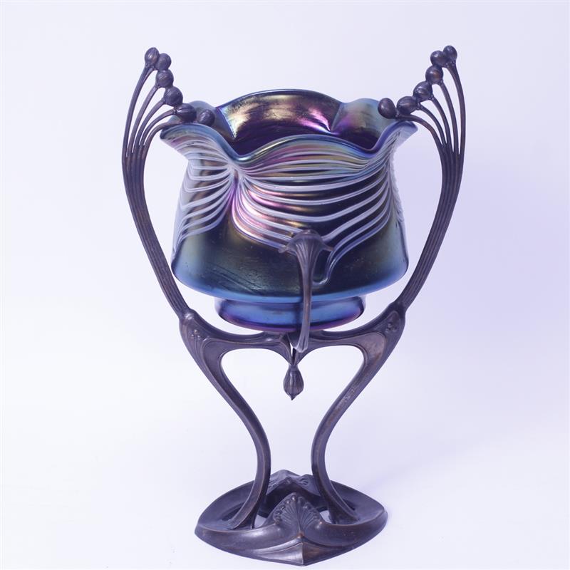 Appraisal: Austrian Art Nouveau glass centerpiece vase with spelter metal pedestal