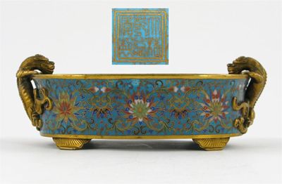 Appraisal: A Chinese cloisonn oval jardini re the handles formed as