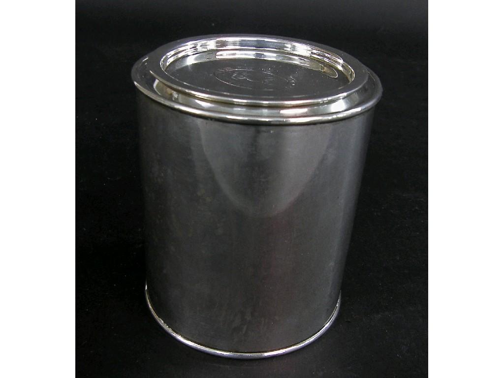 Appraisal: Edwardian cylindrical storage tin the removable lid crested with a