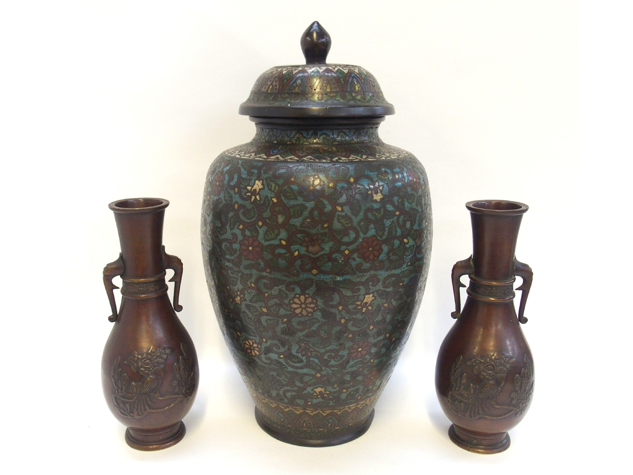 Appraisal: Pair of bronzed metal vases and a cloisonne pot and