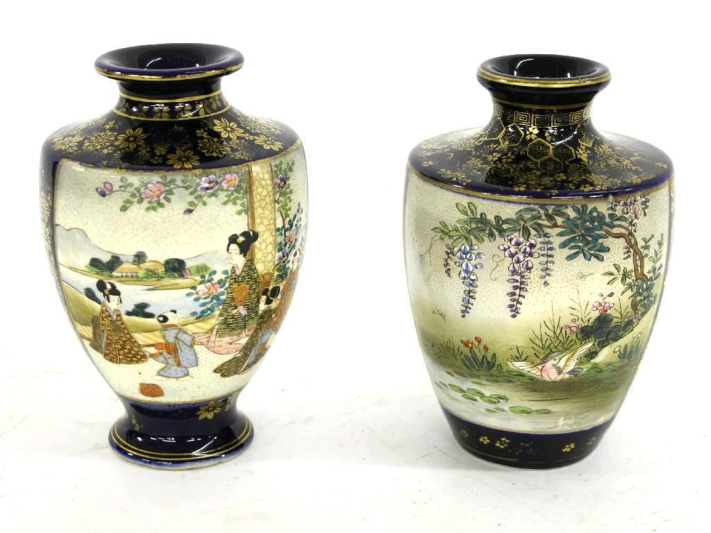 Appraisal: Pair of th century Japanese Satsuma vases each decorated with