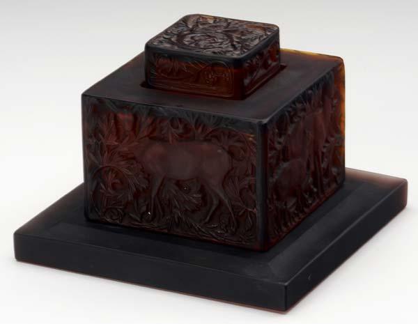 Appraisal: RENE LALIQUE Biches inkwell of deep amber glass c M