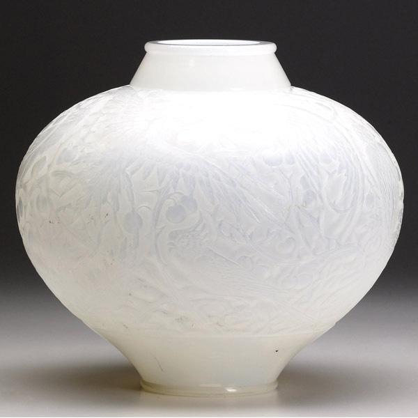 Appraisal: LALIQUE Aras vase of double-cased opalescent glass Stamped R LALIQUE