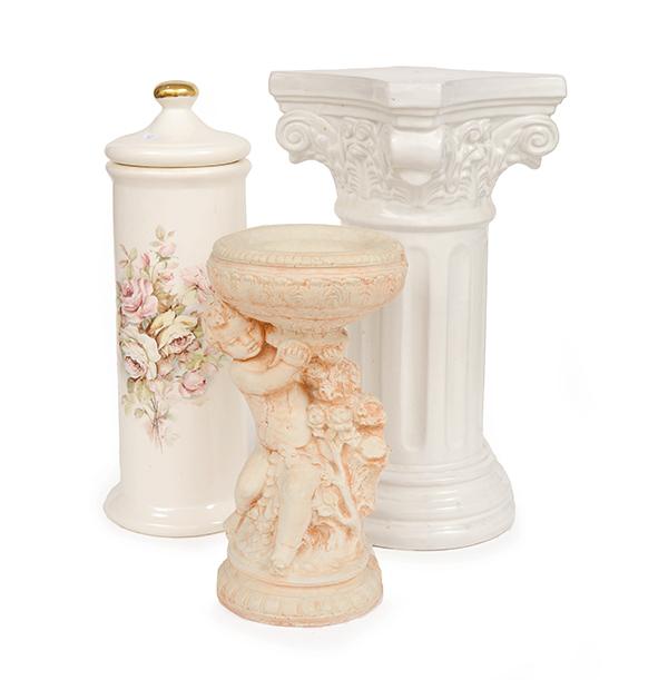 Appraisal: A COLUMNAR CERAMIC STOOL A CERAMIC TOILET BRUSH CONTAINER AND