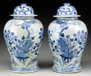 Appraisal: PAIR OF COVERED PORCELAIN TEMPLE JARS PAIR OF COVERED PORCELAIN