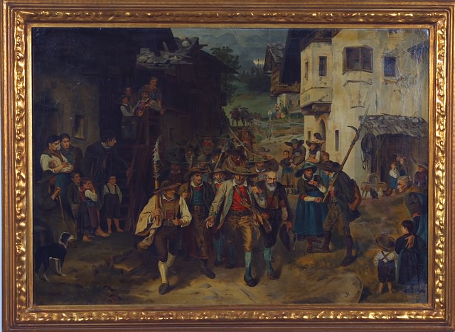 Appraisal: Landscape with militia army marching down the street oil on