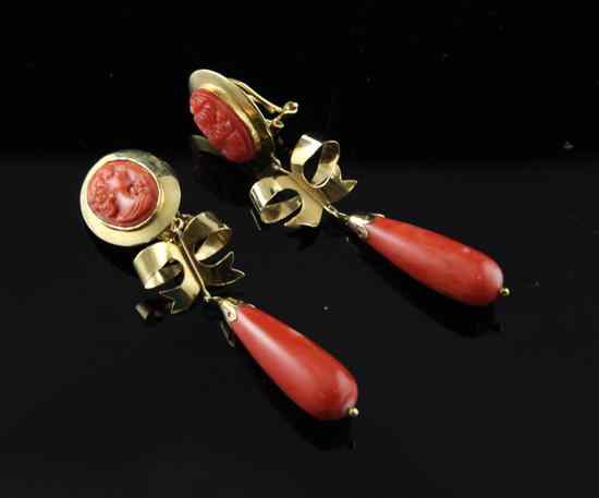 Appraisal: A pair of gold mounted coral drop earrings in Estimate