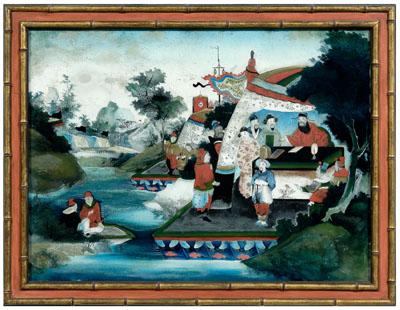 Appraisal: Chinese reverse painting on glass court officials holding congress within