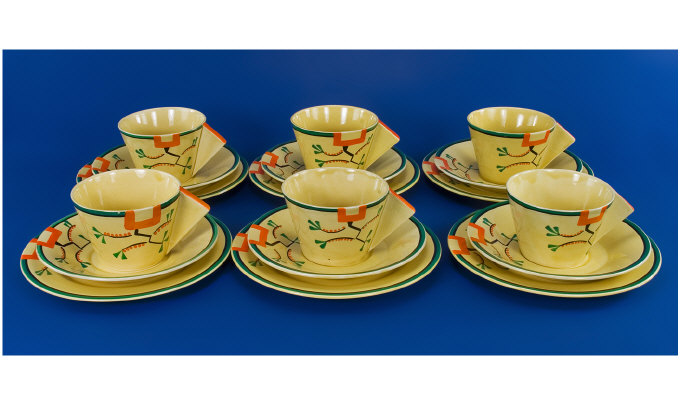 Appraisal: Clarice Cliff Art Deco Conical Tea Set Circa Ravel Greem