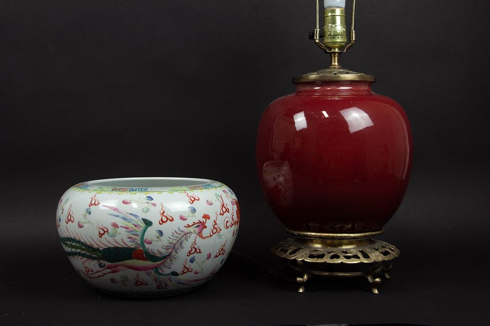 Appraisal: A Large 'Dragon' Bowl together with an Oxblood Jar Mounted