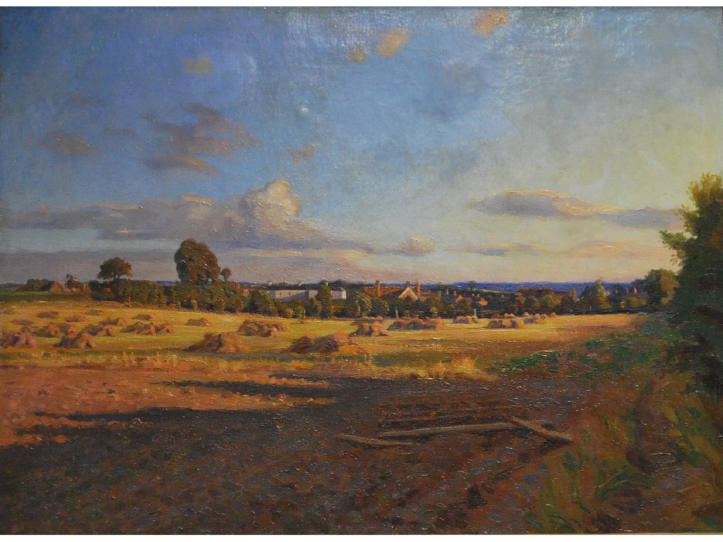 Appraisal: F W Jackson Attrib - Haymaking with distant village oil