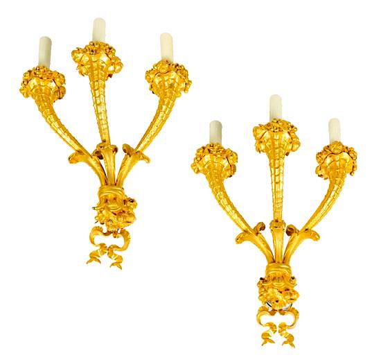 Appraisal: A Pair of French Gilt Bronze Three-Light Sconces Height inches