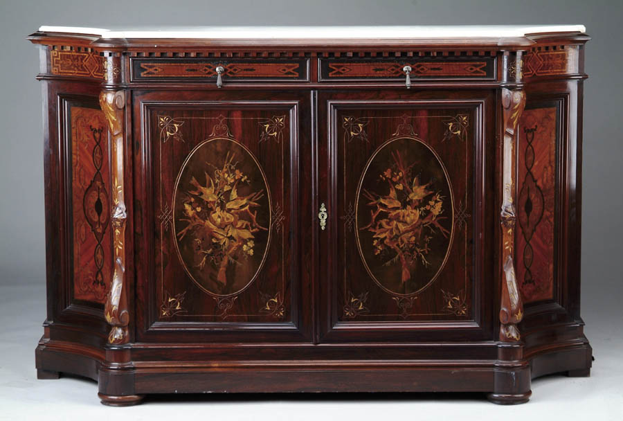 Appraisal: FINE HERTER TYPE MARBLE TOP INLAID ROSEWOOD CREDENZA Shaped top