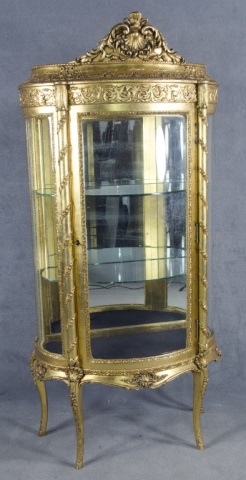 Appraisal: Louis XVI Style Carved Giltwood Vitrine th century Shaped glazed