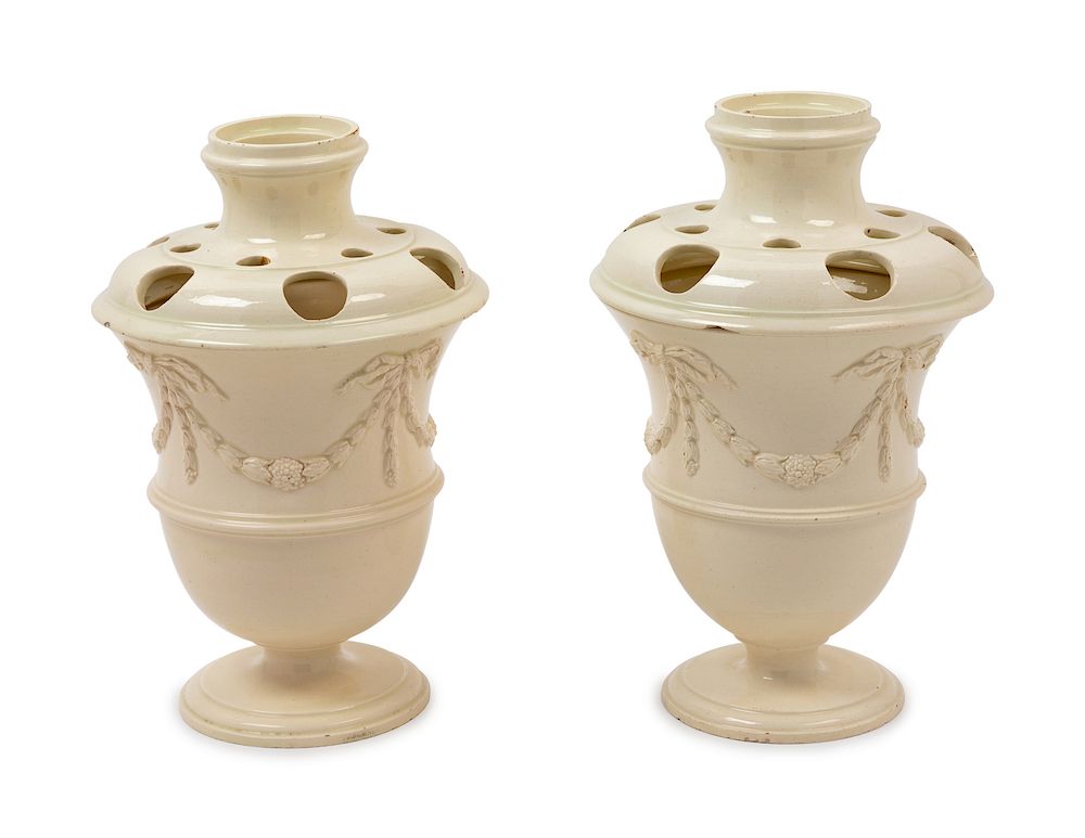 Appraisal: A Pair of English Creamware Potpourri Jars A Pair of