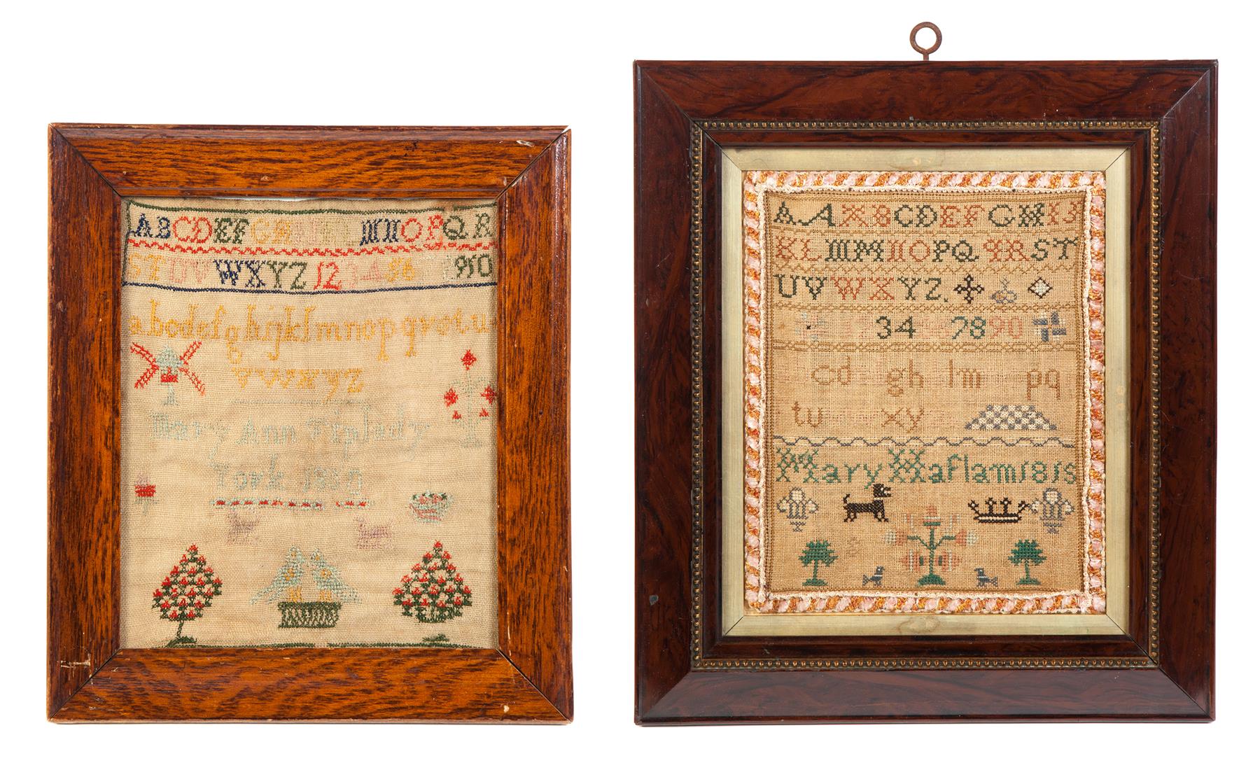 Appraisal: TWO SAMPLERS American or English silk on linen Alphabets dog