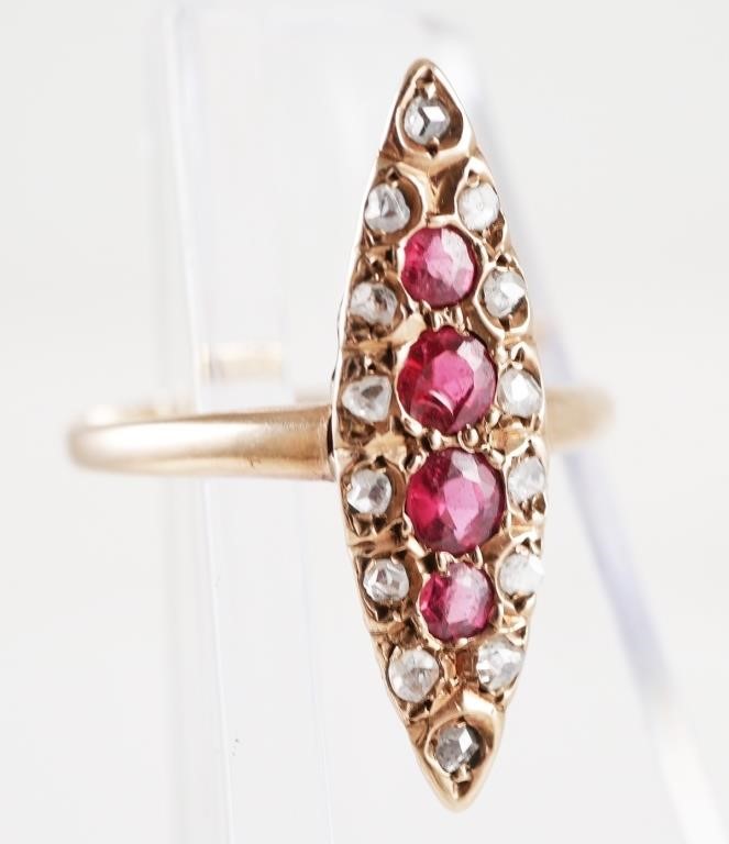 Appraisal: Vintage K rose gold ruby and diamond ring size Marquise