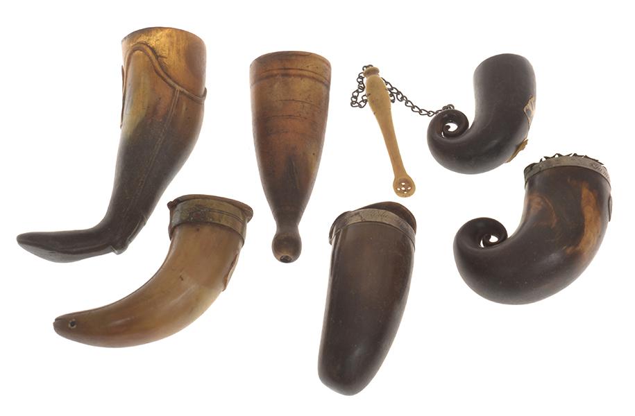 Appraisal: SIX TH CENTURY HORN SNUFF MULLS INCL BOOT SHAPED THISTLE